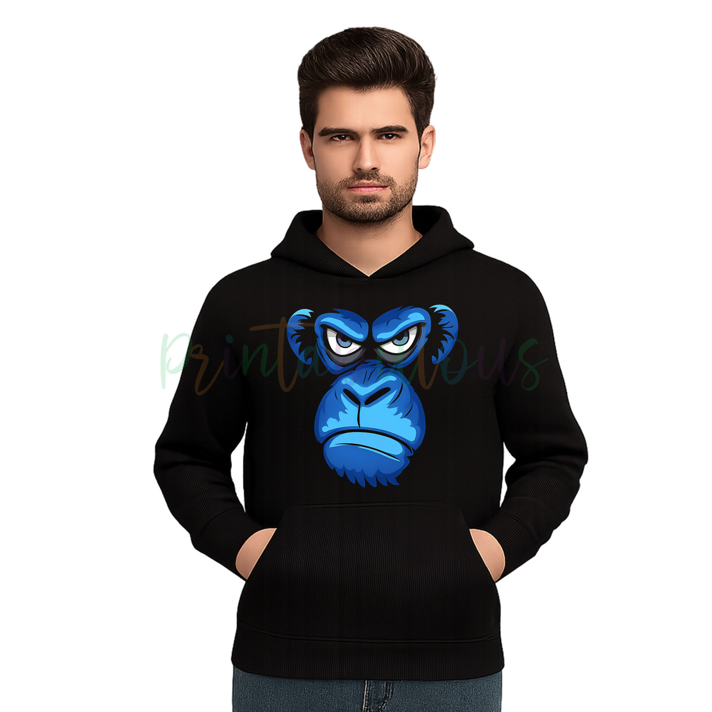 Angry Gorilla Face Graphic Print,  Long Sleeve Pullover Sweatshirt Hoodie