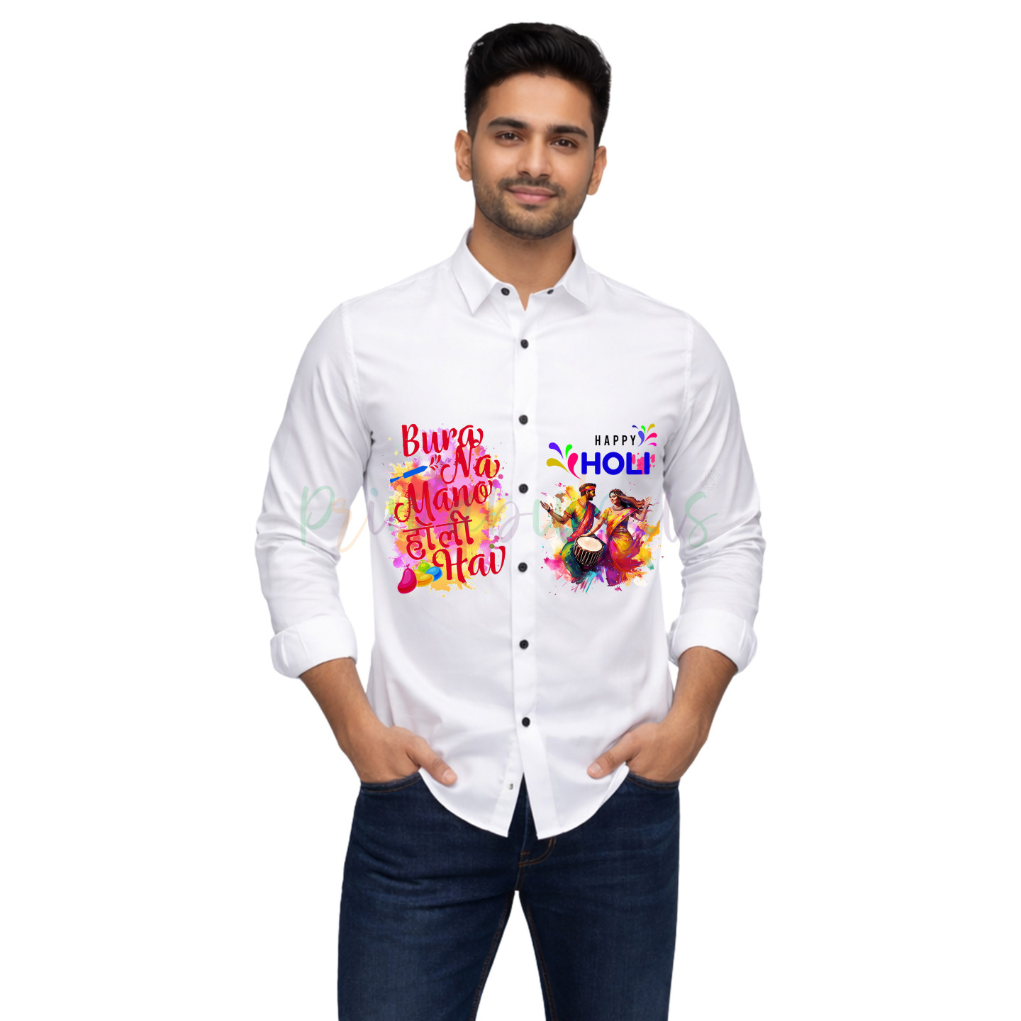 Happy Holi Printed Shirt for Unisex – Satin Fabric, Vibrant Design, Perfect for Celebrations D5