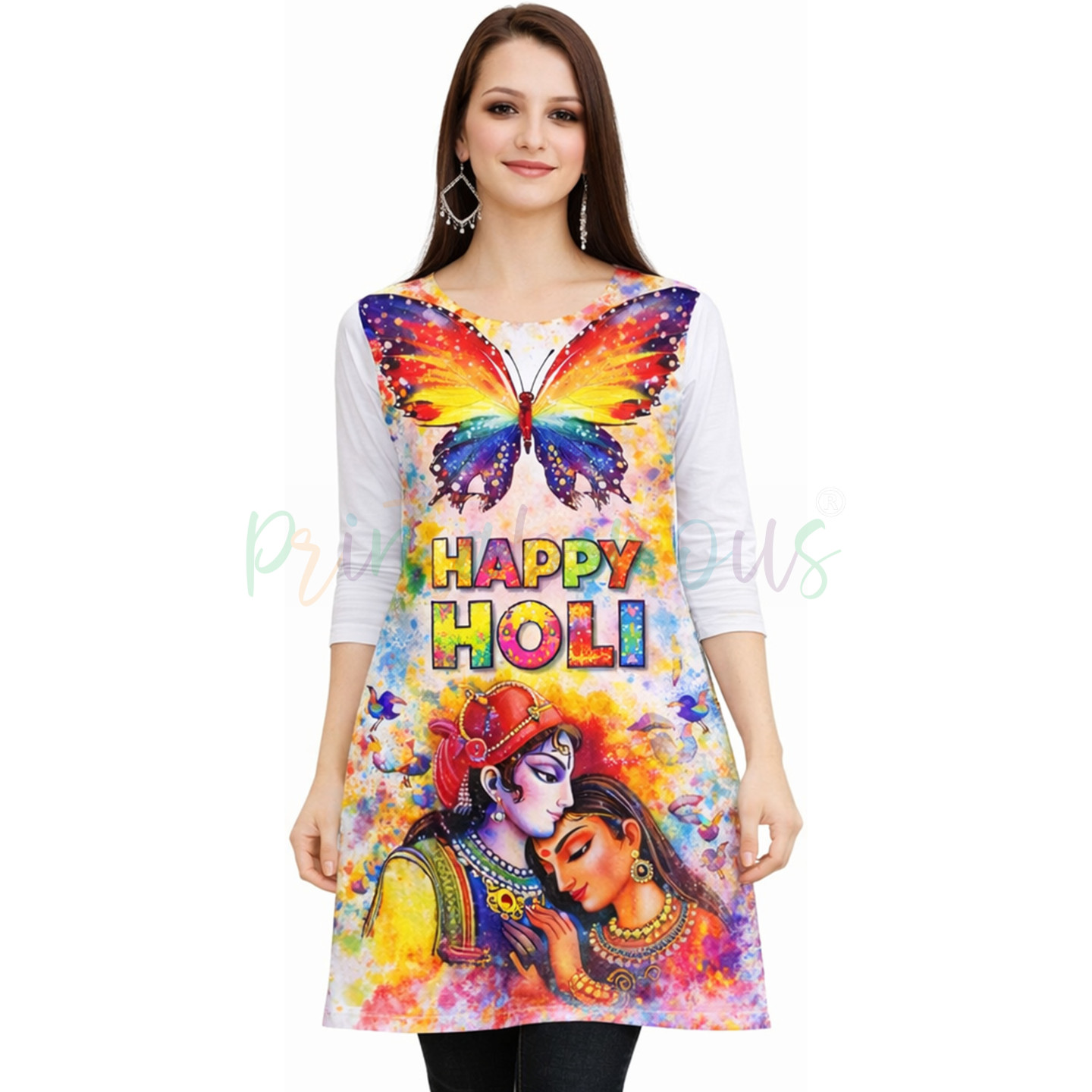 Happy Holi Printed Kurti, White with Multicolor Splash Design, 3/4 Sleeve , Festival Wear D2