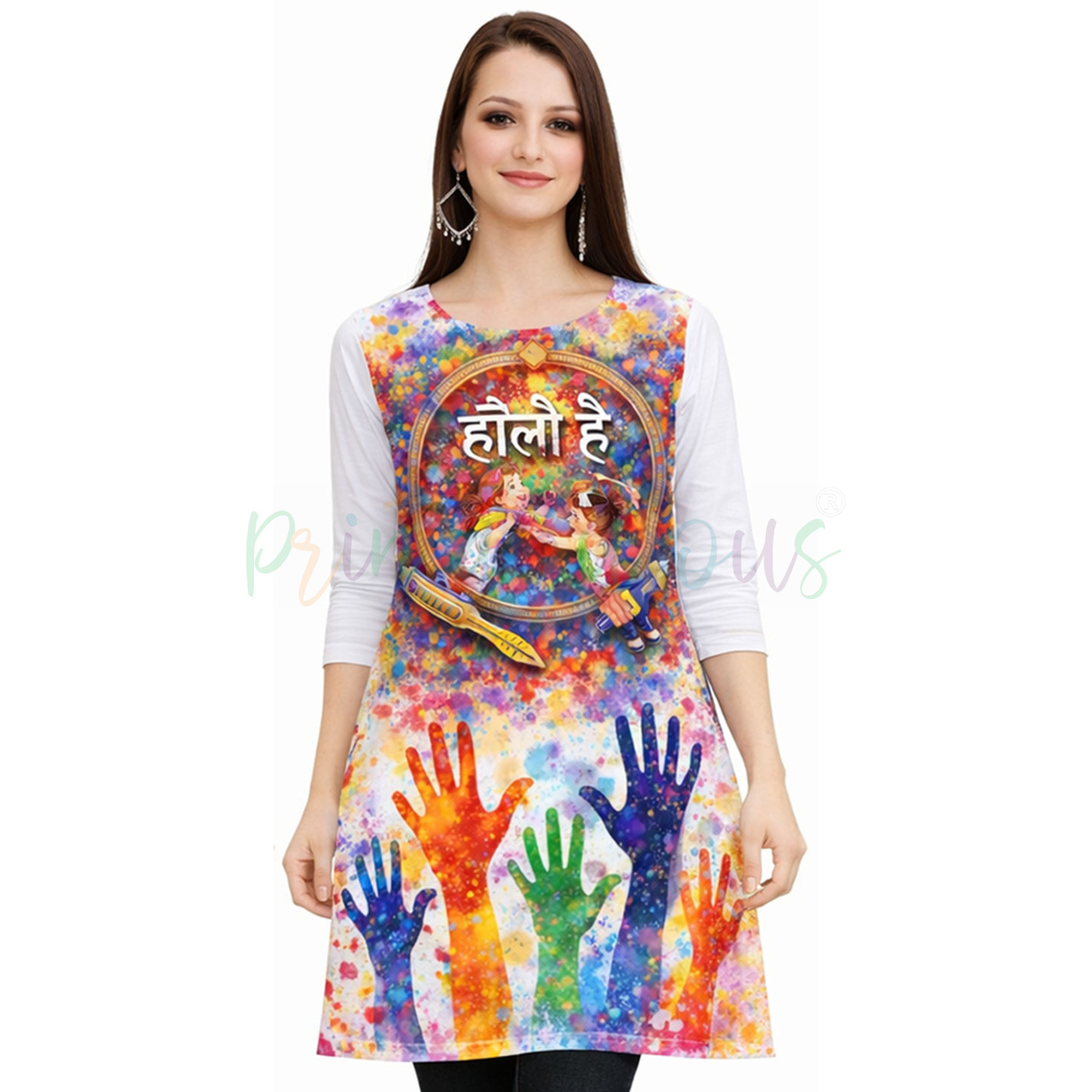 Happy Holi Printed Kurti, White with Multicolor Splash Design, 3/4 Sleeve , Festival Wear D3