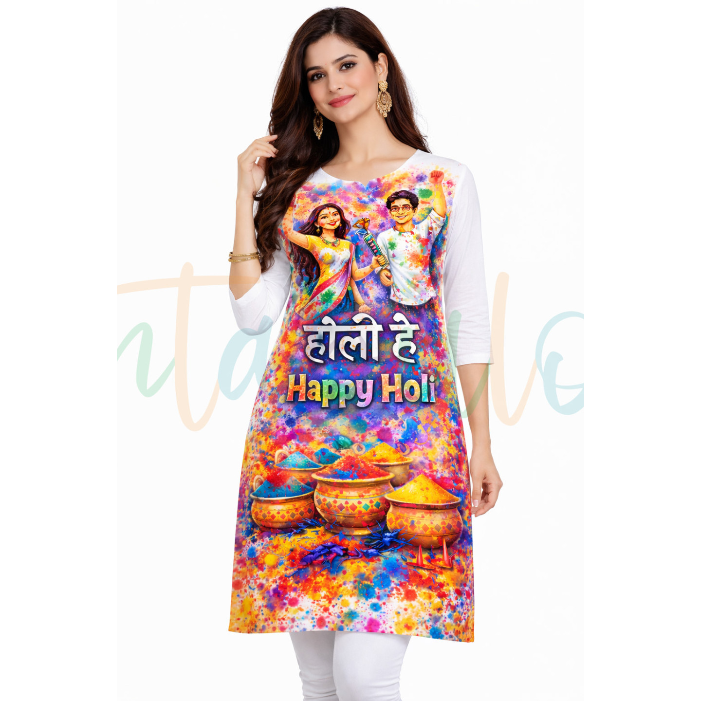 Happy Holi Printed Kurti, White with Multicolor Splash Design, 3/4 Sleeve , Festival Wear D4