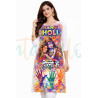 Happy Holi Printed Kurti, White with Multicolor Splash Design, 3/4 Sleeve , Festival Wear D5