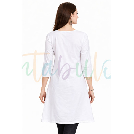 Happy Holi Printed Kurti, White with Multicolor Splash Design, 3/4 Sleeve , Festival Wear D6