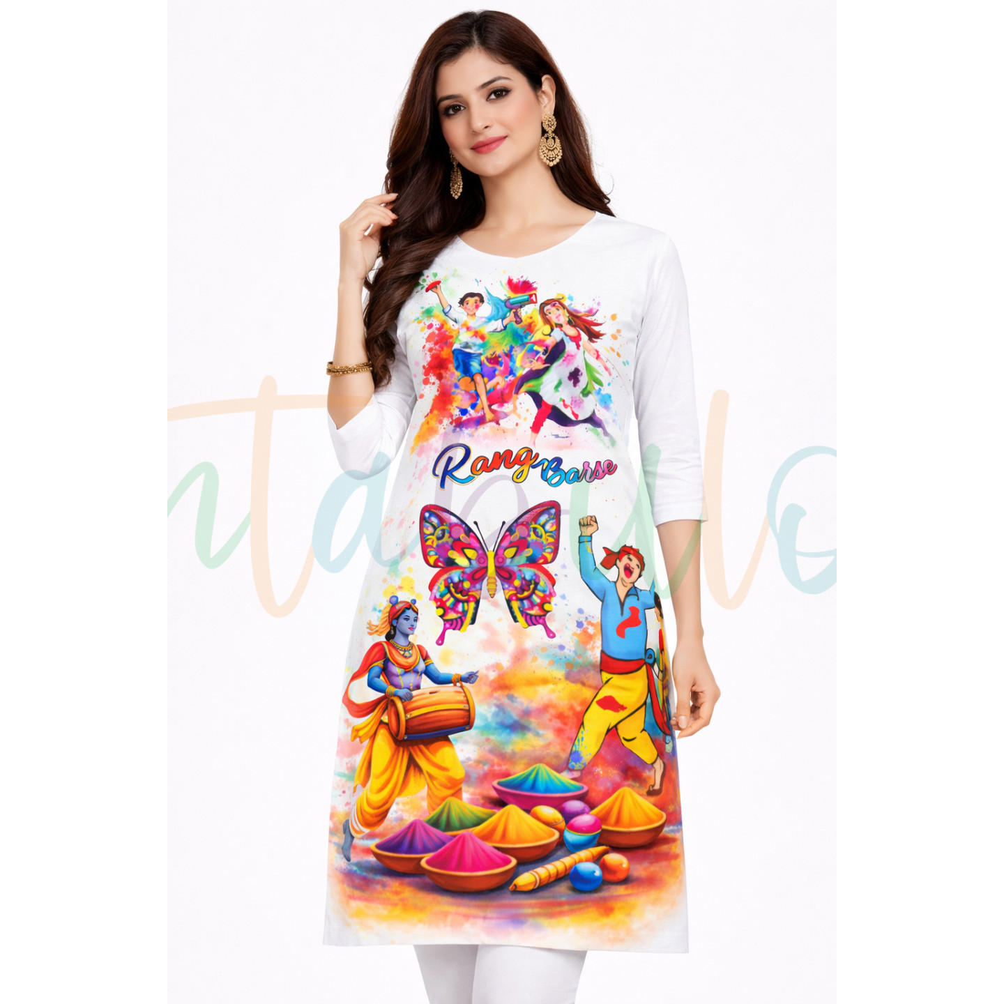 Happy Holi Printed Kurti, White with Multicolor Splash Design, 3/4 Sleeve , Festival Wear D8