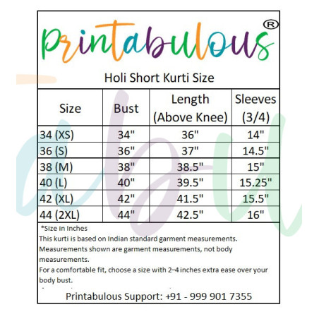 Happy Holi Printed Kurti, White with Multicolor Splash Design, 3/4 Sleeve , Festival Wear D9