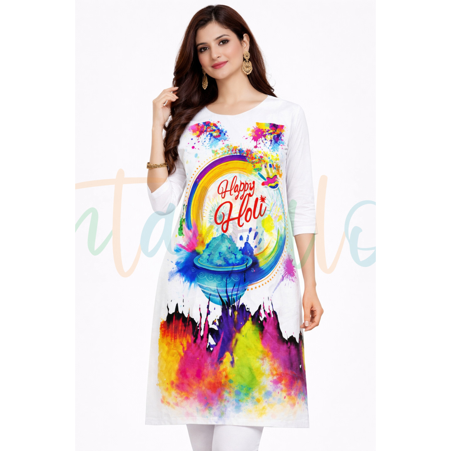 Happy Holi Printed Kurti, White with Multicolor Splash Design, 3/4 Sleeve , Festival Wear D11